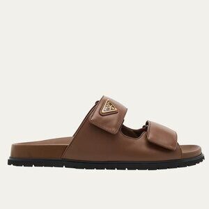 PRADA Triangle Logo Double Band Leather Flat Slide Dad Sandals Shoes Cacao